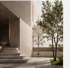 Stone courtyard with a stair and a single tree