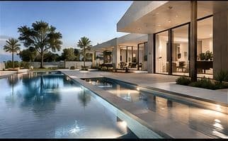 South Lebanon villa with a pool terrace at dusk